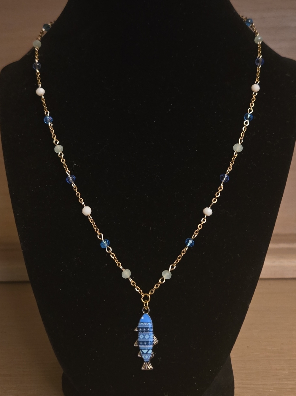 Gold Tone Fish And Glass Bead Necklace